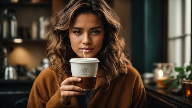 Internationaler Kaffeetag Junge Frau mit einer duftenden Tasse Kaffee