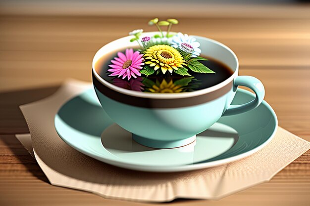 Internationaler Kaffeetag Köstlicher Kaffee und schöne Blumen romantischer Tapetenhintergrund