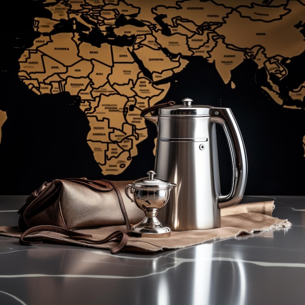 Internationaler Kaffeetag, stilvolle Kaffeekanne und Zuckerdose aus Metall auf einem Weltkartenhintergrund