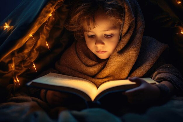 Internationaler Kinderbuchtag ein Kind liest ein Buch unter einer Decke magische Lichter und Girlanden