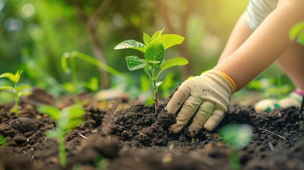 Internationaler Kindertag Kleine Hände Gartenarbeit Pflanzung von Sämlingen fruchtbarer Boden symbolisch für den Kindertag Handschuhe Werkzeuge in Sicht