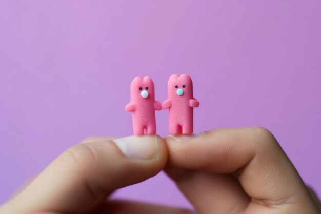 Internationaler Tag der Freundschaft Ein Paar rosa Hasenfiguren werden von einem rosa Hintergrund zusammengehalten