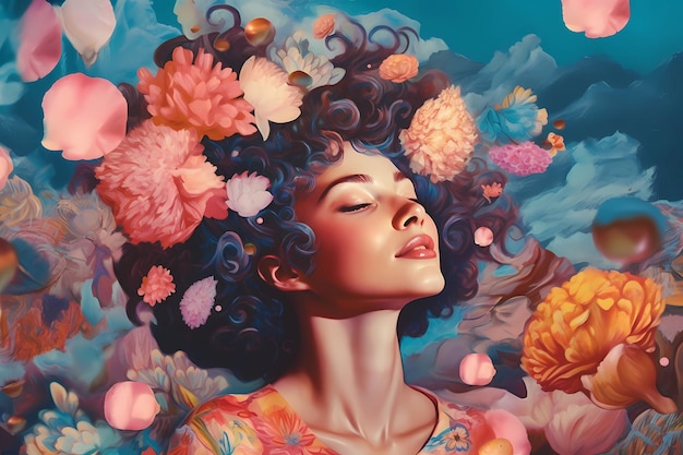 Internationaler Tag der Selbstfürsorge Ein Gemälde einer Frau mit Blumen auf dem Kopf