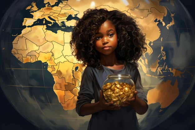 Internationaler Tag der Wohltätigkeit Konzept Afroamerikanisches Mädchen mit Wohltätigkeitsspendenkrug im Hintergrund