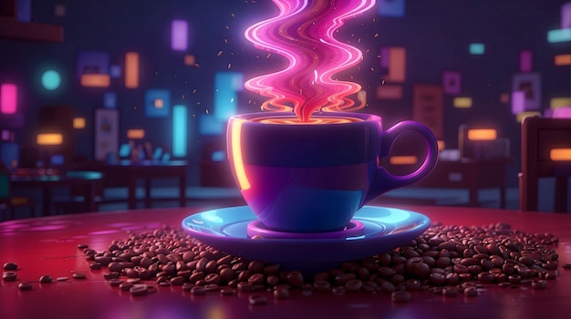 Internationaler Tag des Kaffees mit psychischen Effekten mit lebendigen Farben, 3D-Animationsstil mit Neon