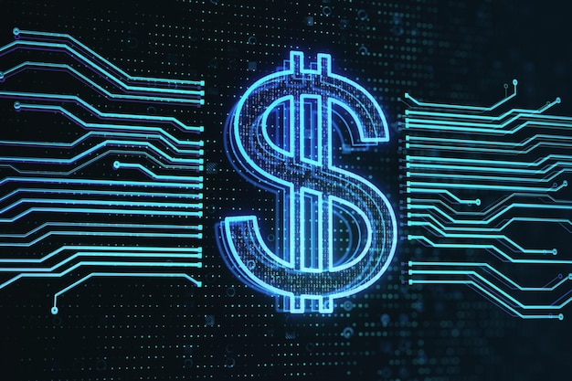 Internationales Währungs- und Geldwechselkonzept mit digitalem blauem Dollarzeichen inmitten von Stromkreisen auf dunklem technologischem Hintergrund 3D-Rendering