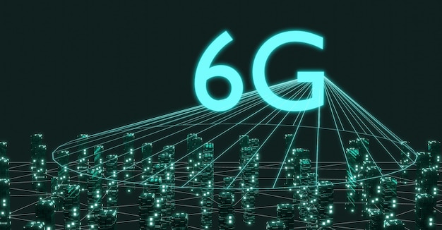 Internet de rede de tecnologia 6G de coisas na ilustração 3d de fundo urbano