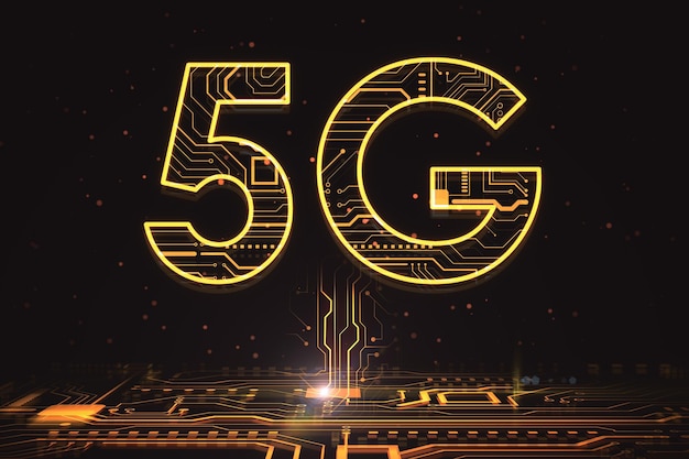 Internet de velocidade rápida e conceito de rede de comunicação com símbolo digital 5G conectado ao circuito em renderização 3D de fundo escuro abstrato