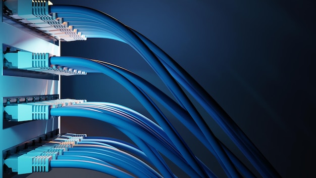 Internet-LAN-Kabel 3D-Rendering mit blauem Hintergrund