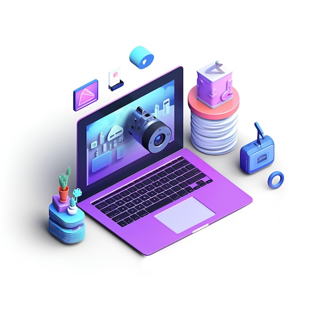 Foto internet-marketing und seo-symbol mit laptop, telefon und kamera vektor-illustration generative ai