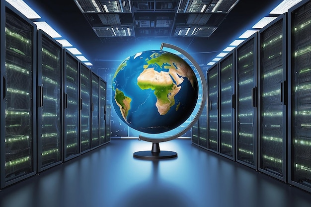 Internet- oder Informationstechnologie-Konzeptbild Mit einem Globus vor Computerserver-Schränken