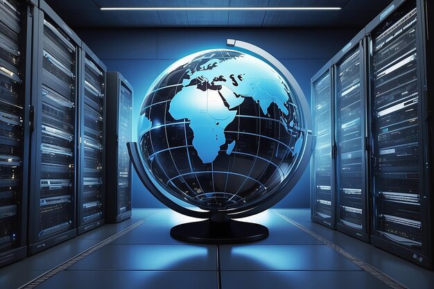 Internet- oder Informationstechnologie-Konzeptbild Mit einem Globus vor Computerserver-Schränken