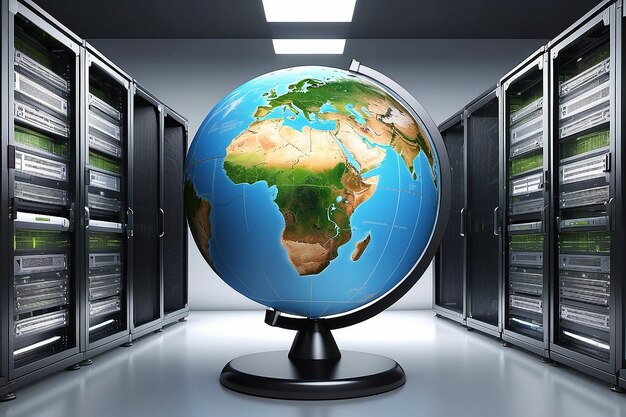 Internet ou imagem conceitual de tecnologia da informação Com um globo colocado na frente de gabinetes de servidores de computador