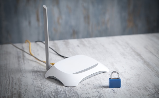 Foto internet-router mit vorhängeschloss netzwerk- und datenschutz