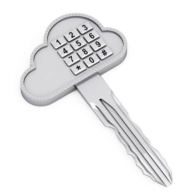 Internet-sicherheitskonzept. cloud key mit digital entry keypad auf weißem hintergrund. 3d-rendering