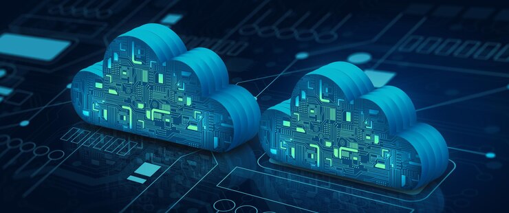 Foto internet de tecnología de computación en la nube en el punto convergente del circuito con fondo azul abstracto. servicio en la nube, concepto de almacenamiento en la nube. ilustración 3d.