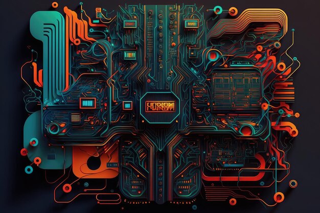 Interpretação abstrata elegante e moderna de uma placa de circuito digital com cores vibrantes e nítidas