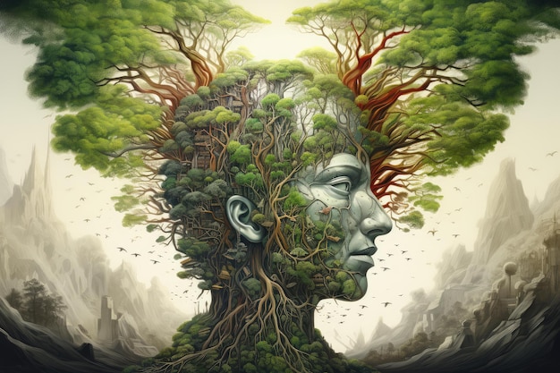 Interpretação artística de um espírito sereno da natureza com árvores para o cabelo contra um fundo de fantasia