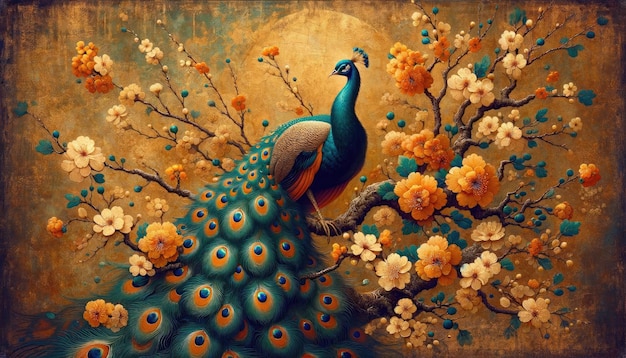 Interpretação artística de um pavão real empoleirado em um galho de árvore em flor infundido com charme vintage e cores ricas