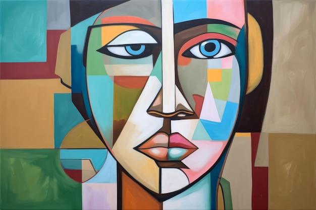 Interpretação cubista de uma mulher com rosto assimétrico e características incompatíveis