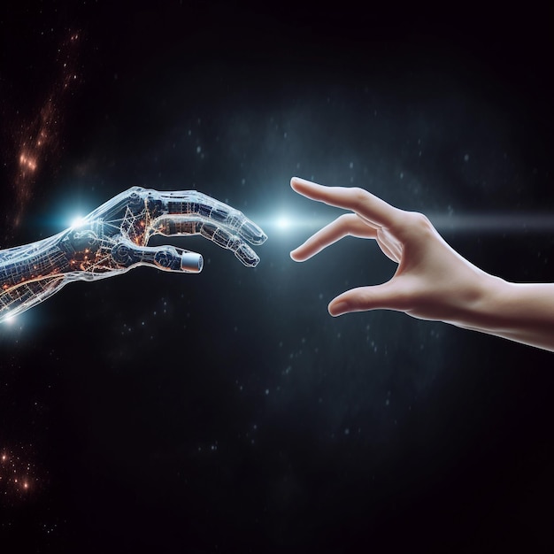 Interpretação da 'Criação de Adão' com uma mão humana e dedos robóticos se aproximando