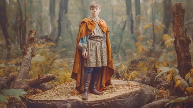 Foto interpretação de fabuloso menino com dedo em roupas medievais fundo floresta antiga