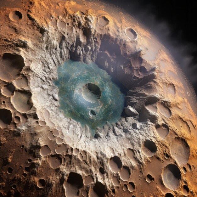Interpretação fotorrealista de artistas de olhos da superfície interna de Marte39 com formação de gelo de água