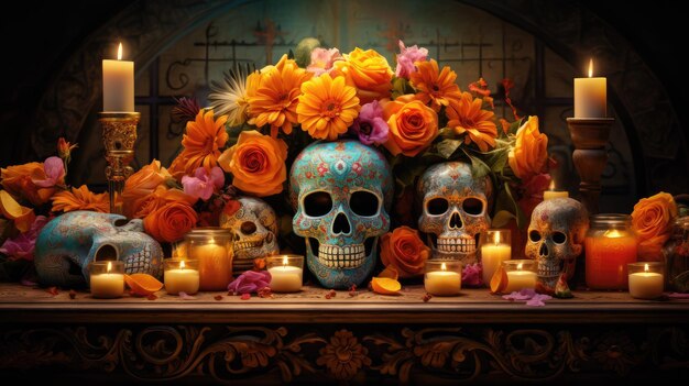 una interpretación artística de un altar tradicional del Día de los Muertos adornado con velas caléndulas