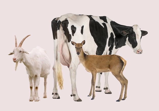Interpretación artística del encanto rural con vaca, ciervo y cabra