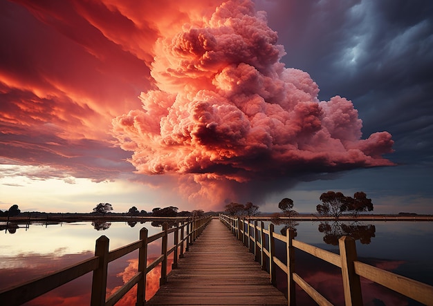 Foto interpretación artística de la mancha roja del cielo sobre el muelle de madera