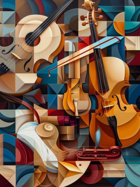 Interpretación cubista de una orquesta musical las formas se fusionan en melodía