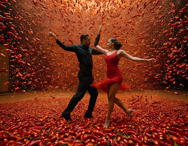 Una interpretación surrealista de una danza de salsa con bailarines girando en medio de pimientos flotantes