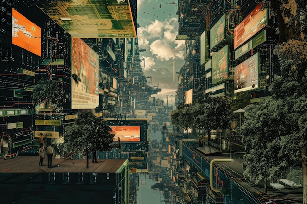 Interpretación surrealista de Internet como un paisaje urbano físico