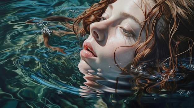 Interpretation einer fabelhaften Meerjungfrau im Wasser mit Fischen, Seehintergrund. KI-generiert.