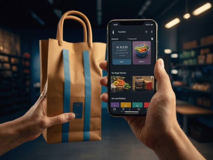 Foto interprete brazos sosteniendo una bolsa de compras y un smartpho 3_1