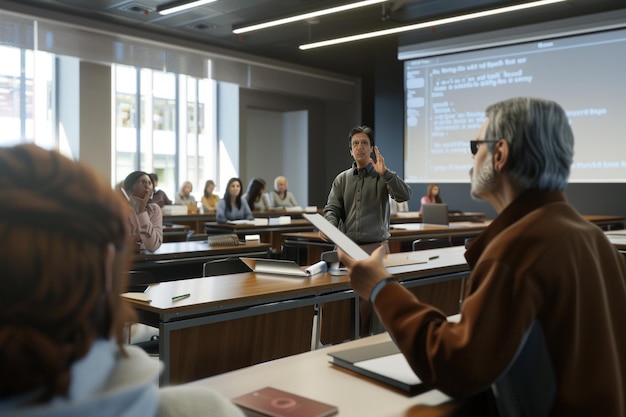 Interprete de linguagem de sinais a traduzir uma palestra para