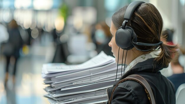 Un intérprete multilingüe equilibra una pila de papeles y un auricular escuchando atentamente a cada uno