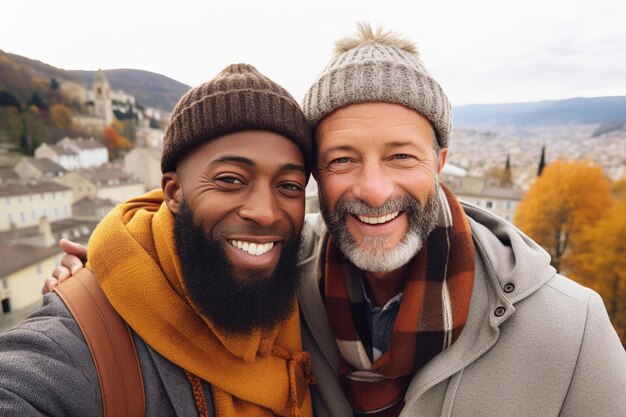 Interracial-Freunde oder LGBTQIA-Schwulenpaar auf einem Herbstreiseurlaub