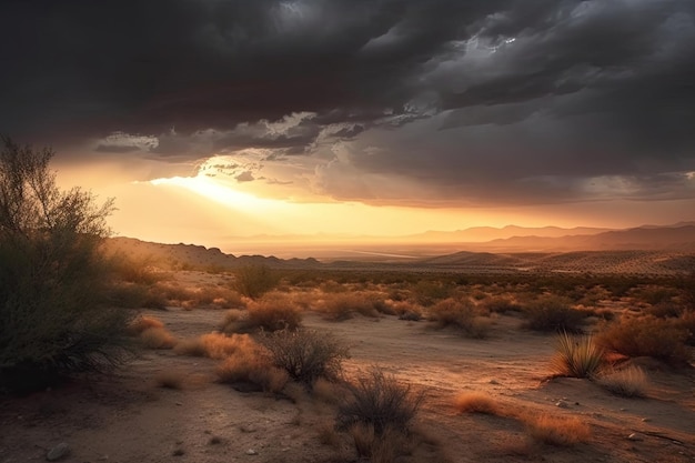 Interrompendo nuvens de tempestade rolando durante o nascer do sol sobre a paisagem do deserto