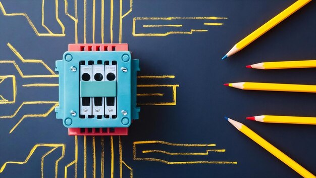 Foto interruptor de circuito y lápices en dibujos de ingeniería eléctrica en papel