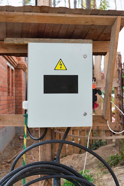 Interruptor eléctrico en la caja de control en el sitio de construcción por seguridad para apoyar en la red principal de energía