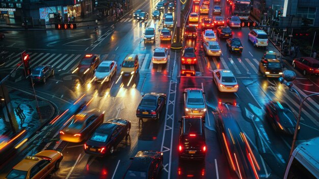 Intersecção movimentada com semáforos que mudam de cor capturando o ritmo dos deslocamentos urbanos