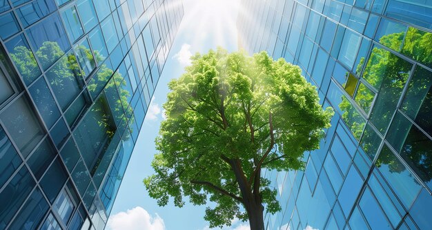 Una intersección armoniosa de la naturaleza y el desarrollo urbano un árbol verde brillante entre edificios de vidrio reflectante bajo el sol brillante