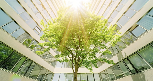 Una intersección armoniosa de la naturaleza y el desarrollo urbano un árbol verde brillante entre edificios de vidrio reflectante bajo el sol brillante