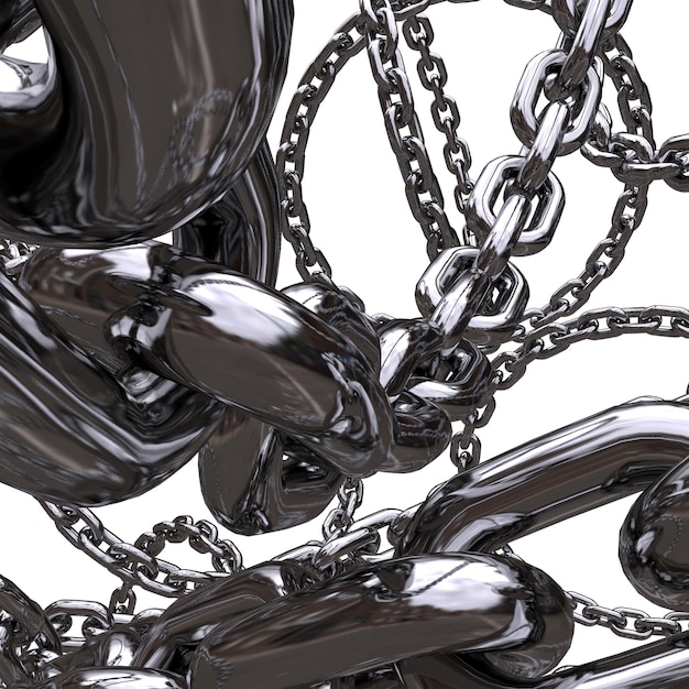 Foto intersección de cadenas de metal cromado 3d girando en el aire render