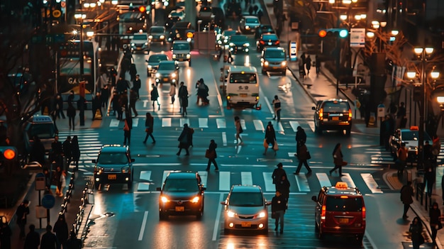 Foto una intersección concurrida en una gran ciudad por la noche la calle está llena de coches y personas que cruzan la carretera