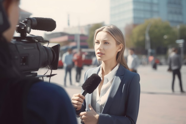 Foto interview mit einer politikerin auf der straße reporterfernsehen generieren sie ai