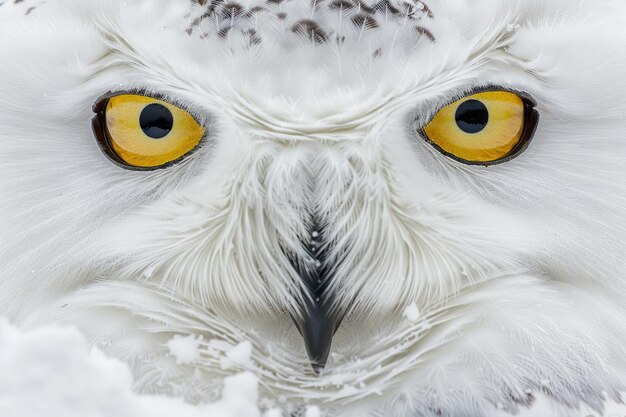 Intime Nahaufnahme eines schneebedeckten Eulengesichts Augen, die die Seele durchbohren