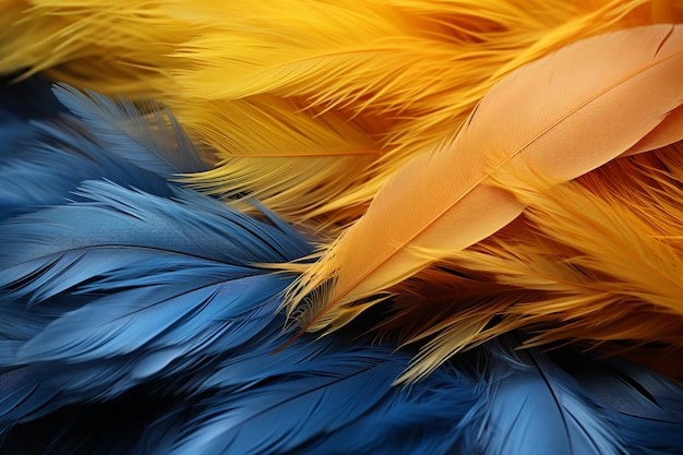Intimer Blick auf die harmonische Farbpalette der Natur mit leuchtend blauen und gelben Federn