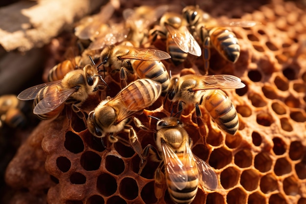 Intimer Blick auf einen Bienenstock, in dem es vor Aktivität brummt